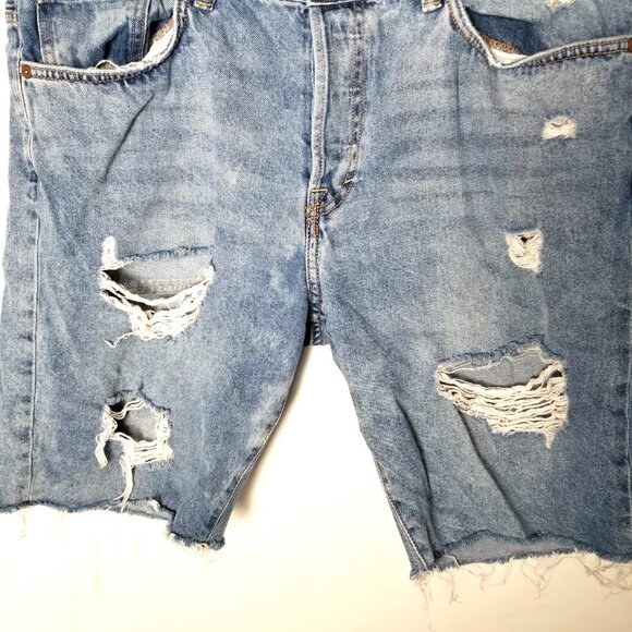 & Denim Blue Distressed Mens Sz 36 Ripped Button Fly Straight Fit Raw Hem Shorts - Picture 3 of 10